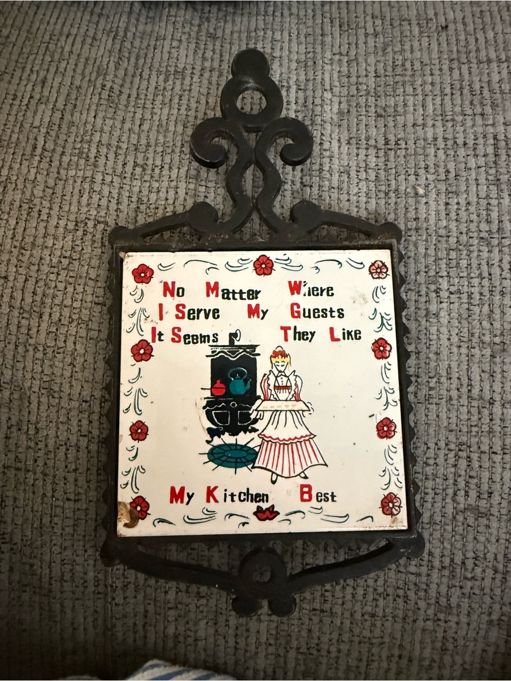 Vintage Cast Iron & Ceramic Kitchen Trivet Wall Hanging — Dutch Style Folk Art D